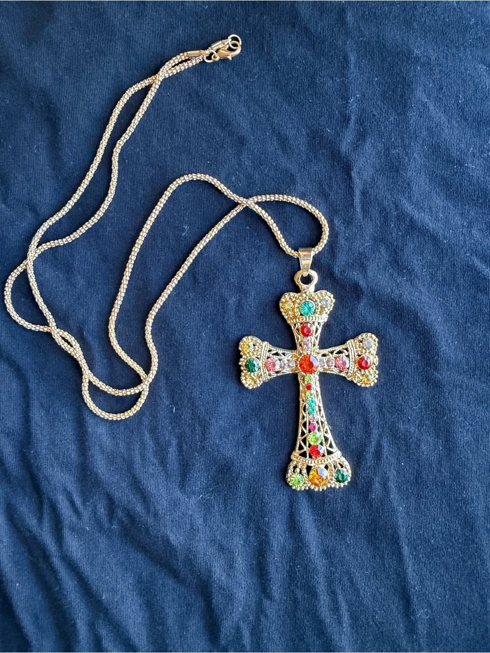 Gold-tone Multicolor Gem Cross Pendant Necklace - Women Jewelry